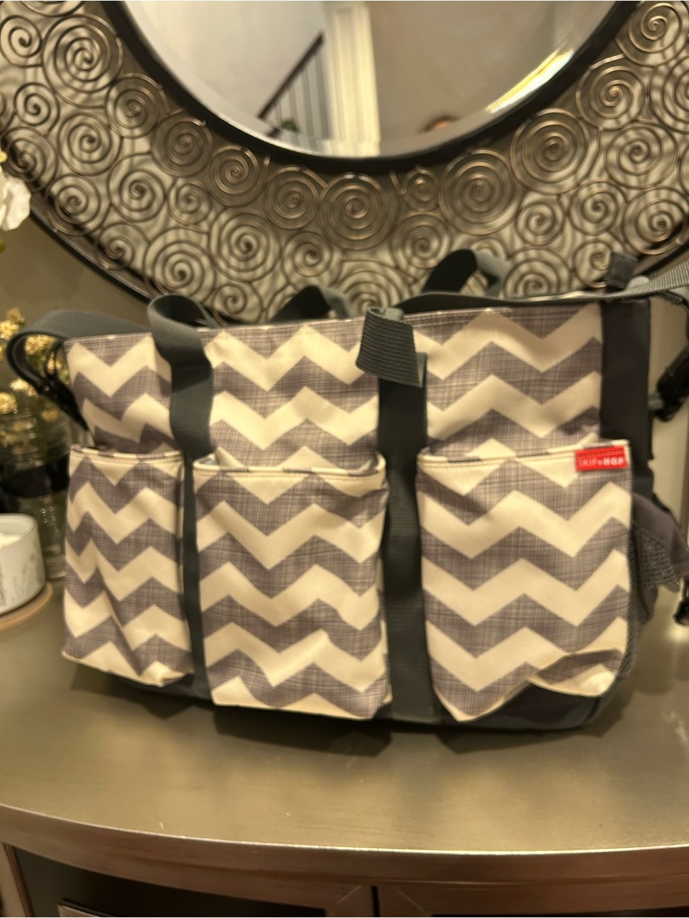 Skip Hop Chevron Tote Bag in Gray and Cream